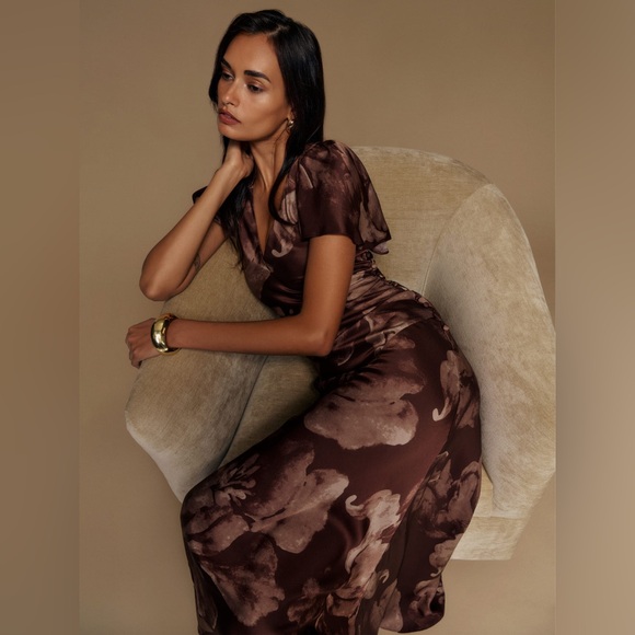 NEW Reformation Vida Long Satin Dress in Siena Brown Floral | size US 4 - Picture 2 of 14
